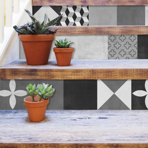 Geometric Graphite Tiles Stickers - Stairs